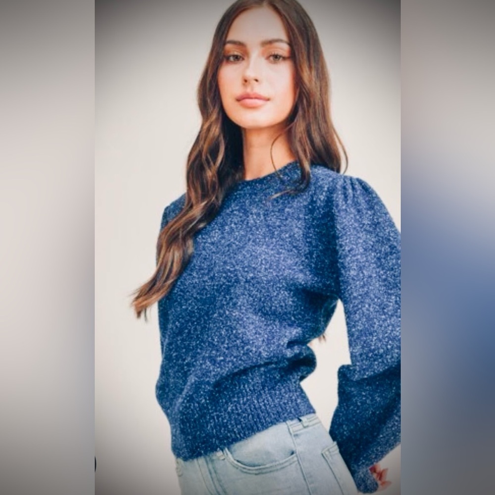 Metallic Blue Puff-Sleeve Sweater